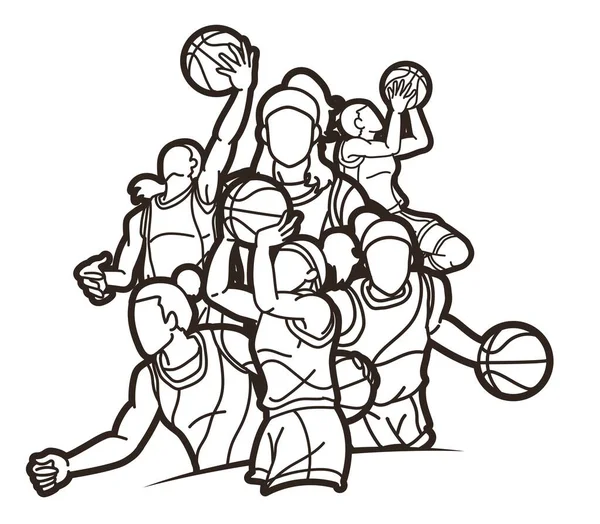 Grupa Koszykówka Kobiety Gracze Akcja Kreskówka Sport Team Wektor Graficzny — Wektor stockowy
