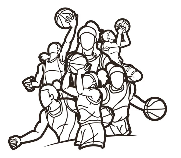 Groupe Basketball Femmes Joueuses Action Cartoon Sport Team Graphic Vector — Image vectorielle