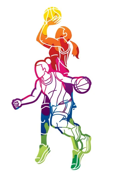 Grupo Jugadoras Baloncesto Acción Dibujos Animados Deporte Equipo Vector Gráfico — Vector de stock