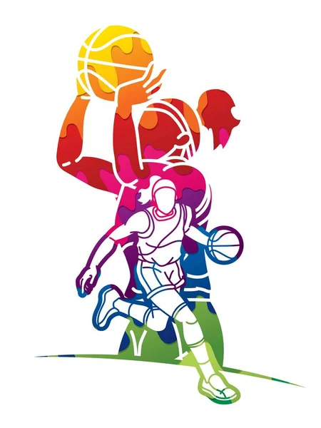Skupina Basketbalové Ženy Hráči Akční Karikatura Sportovní Tým Grafický Vektor — Stockový vektor
