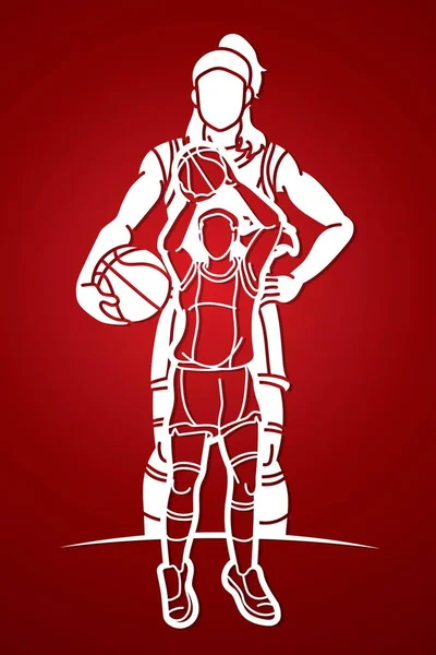 Baloncesto Equipo Mujeres Jugadores Acción Dibujos Animados Deporte Equipo Vector — Vector de stock