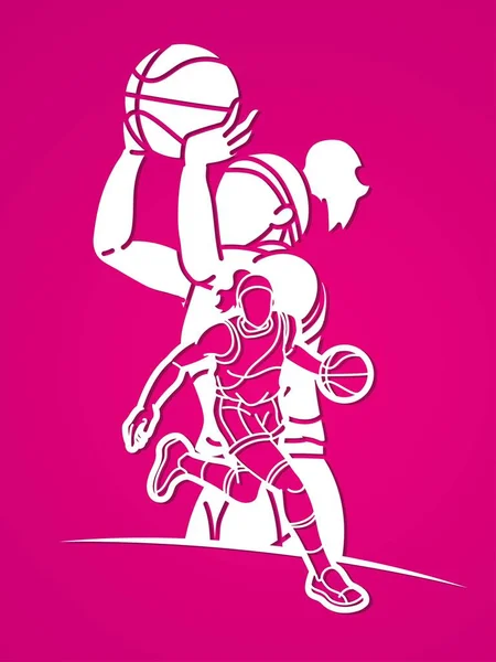 Basketball Équipe Femmes Joueuses Action Cartoon Sport Équipe Graphic Vector — Image vectorielle