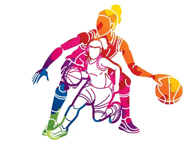 Basketballteam Frauen Spieler Action Cartoon Sport Team Graphic Vector — Stockvektor
