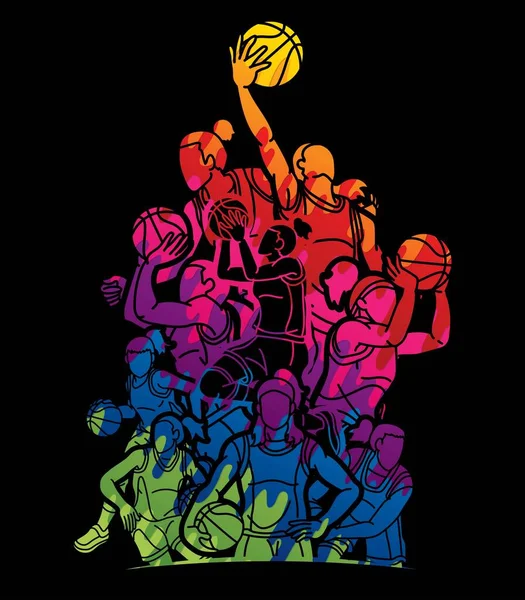 Баскетбольна Команда Жінки Гравці Дія Мультфільм Спорт Команда Графічний Вектор — стоковий вектор