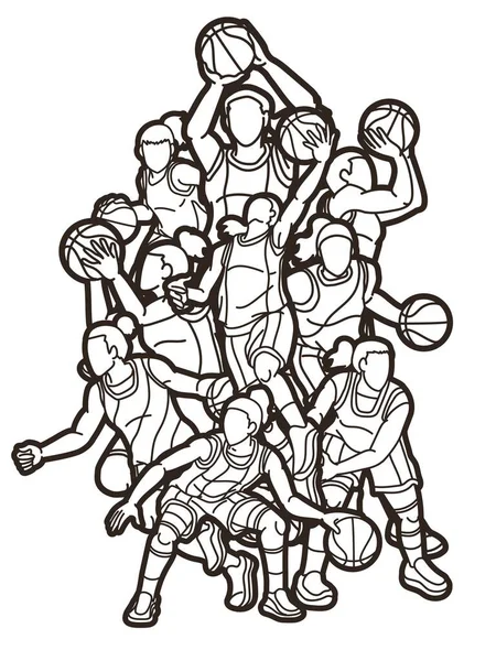 Basketbalový Tým Ženy Hráči Akční Kreslený Sportovní Tým Grafický Vektor — Stockový vektor