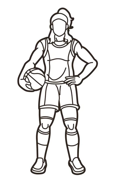Basketbal Žena Hráč Akce Kreslený Sport Grafický Vektor — Stockový vektor
