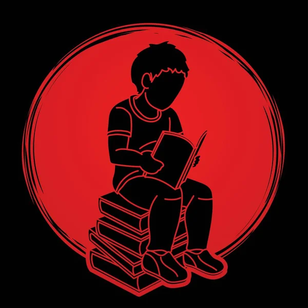 Boy Reading Book Cartoon Silhouette Graphic Vector — Stock Vector