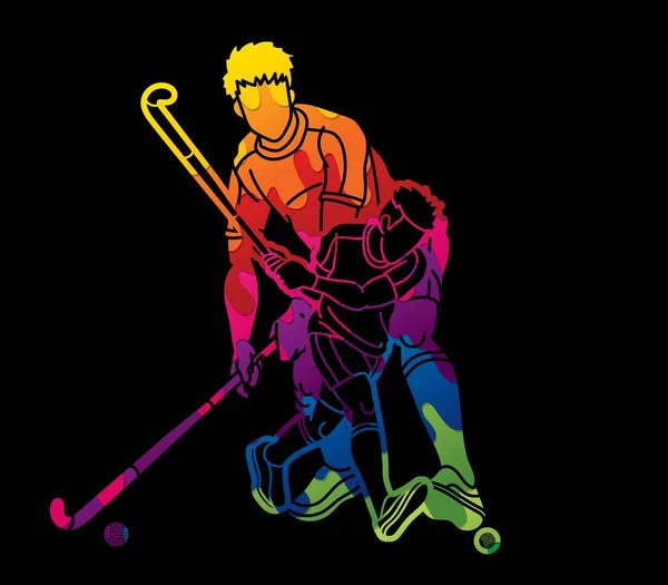 Field Hockey Sport Team Mannelijke Spelers Mix Actie Cartoon Grafische — Stockvector