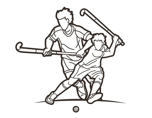 Hokej Trawie Zespół Sport Mężczyzna Gracze Mix Action Cartoon Graphic — Wektor stockowy