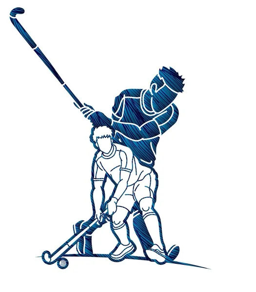 Campo Hockey Deporte Equipo Jugadores Masculinos Mezcla Acción Dibujos Animados — Vector de stock