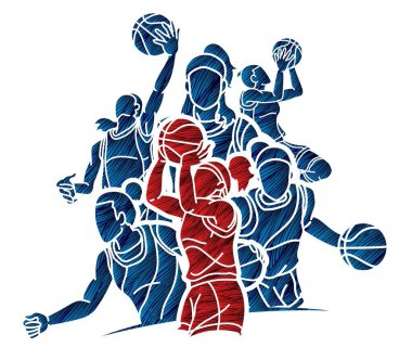 Basketbolcu Kadın Oyuncular Grubu Çizgi Film Spor Takımı Grafik Vektörü