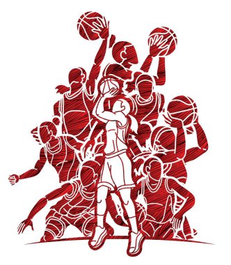 Basketbolcu Kadın Oyuncular Grubu Çizgi Film Spor Takımı Grafik Vektörü