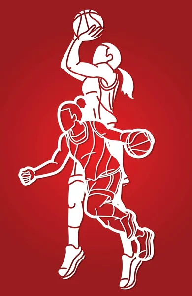 バスケットボール女子選手団アクション漫画スポーツチームグラフィックベクター — ストックベクタ