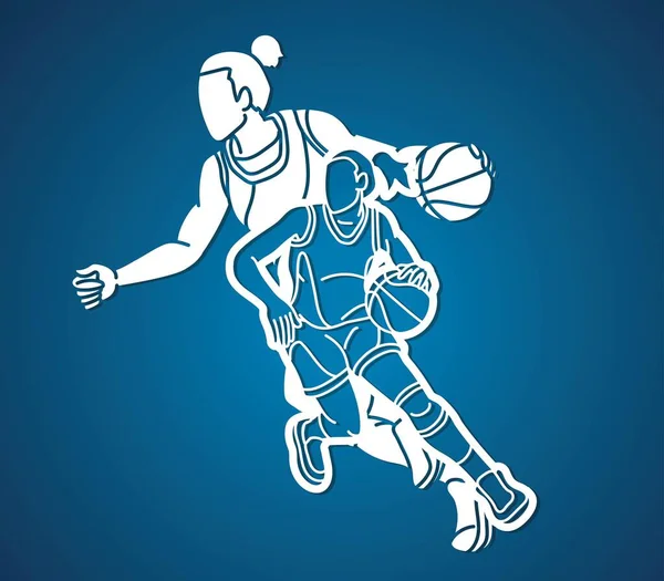 Gruppe Der Basketballspielerinnen Action Cartoon Sport Team Graphic Vector — Stockvektor