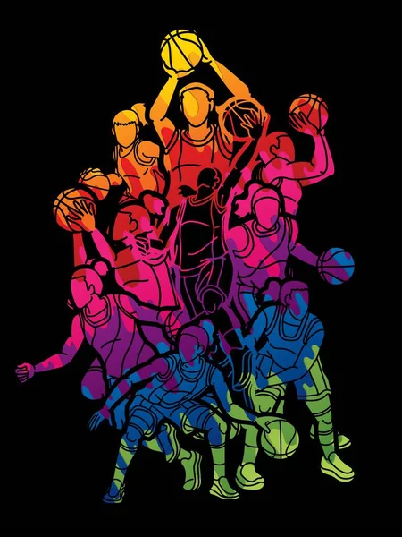 Группа Баскетболистки Действие Мультфильм Спортивная Команда Графический Вектор — стоковый вектор