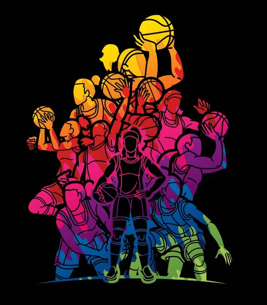 Група Баскетболісток Гравців Дія Мультфільму Спортивна Команда Графічний Вектор — стоковий вектор
