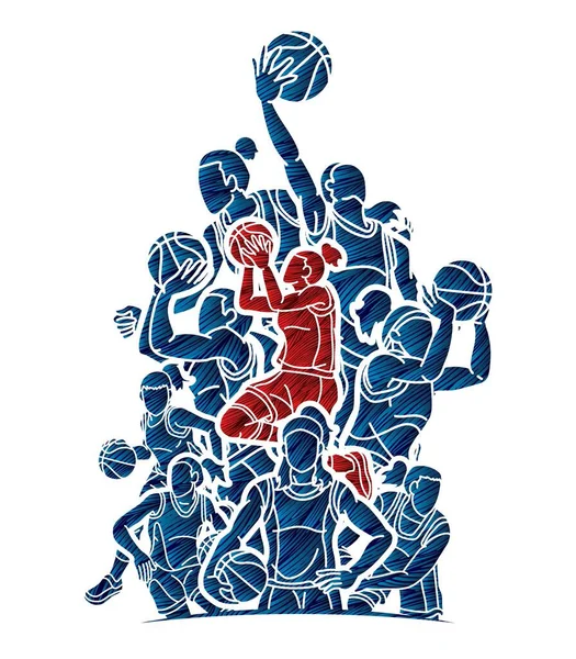 Group Basketball Women Players Action Cartoon Sport Team Graphic Vector — Stock Vector