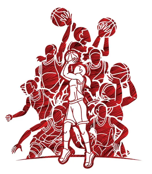 Grupo Jugadoras Baloncesto Acción Dibujos Animados Deporte Equipo Vector Gráfico — Vector de stock