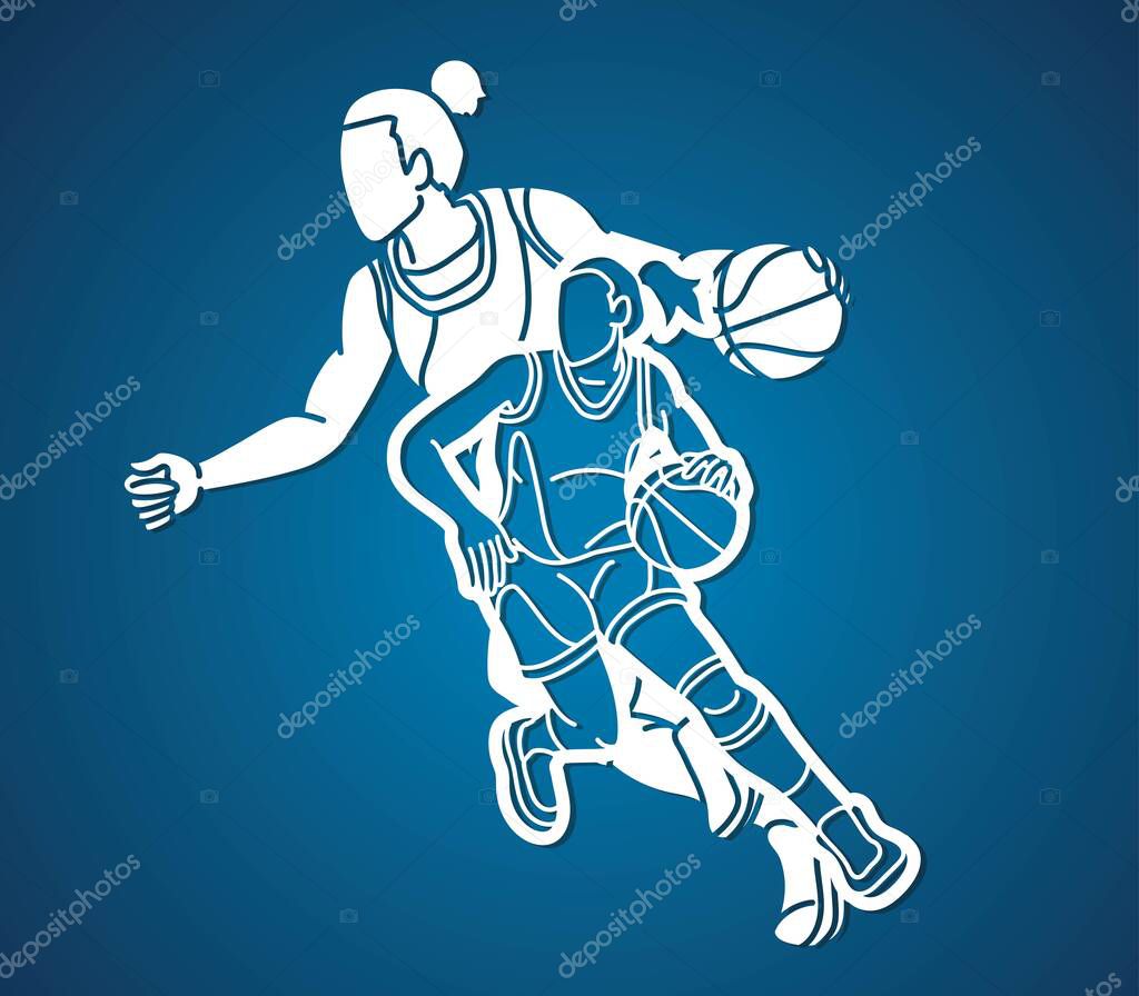 Group of Basketball Women Players Action Cartoon Sport Team Graphic Vector