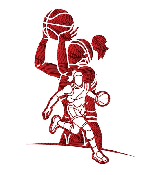 Groupe Basketball Joueuses Mélange Action Cartoon Sport Team Graphic Vector — Image vectorielle