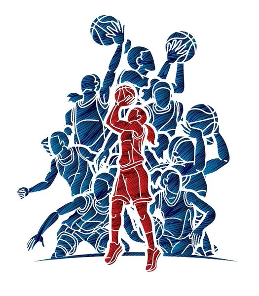 Grupo Jugadoras Baloncesto Mezcla Acción Dibujos Animados Deporte Equipo Vector — Archivo Imágenes Vectoriales