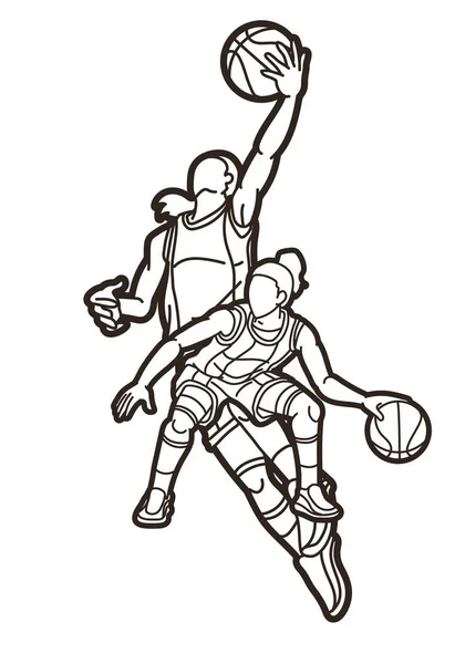 Group Basketball Women Players Mix Action Cartoon Sport Team Graphic — Stock Vector