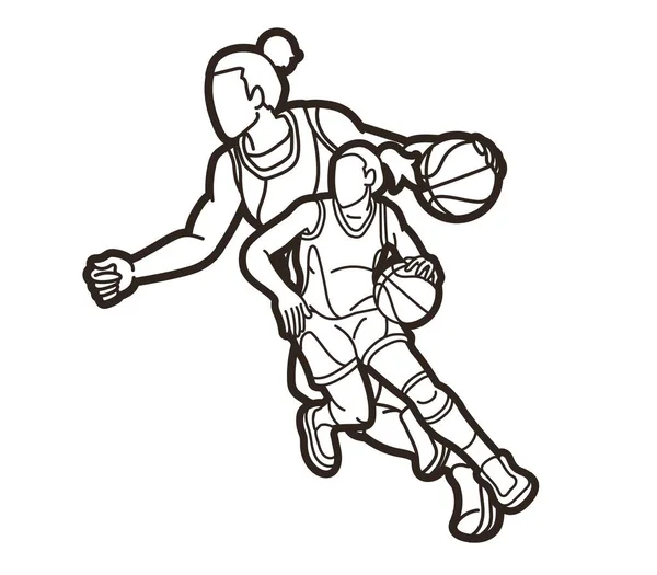 Skupina Basketbal Ženy Hráči Mix Akce Karikatura Sportovní Tým Grafický — Stockový vektor
