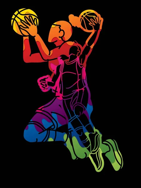 Grupp Basket Kvinnor Spelare Mix Action Cartoon Sport Team Grafisk — Stock vektor