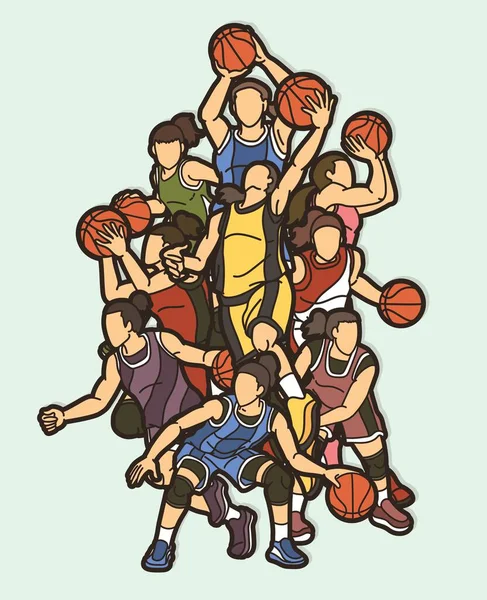 Group Basketball Women Players Mix Action Cartoon Sport Team Graphic — Stock Vector