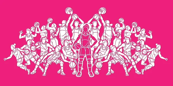 Basketbolcu Kadın Oyuncular Grubu Aksiyon Çizgi Film Spor Takımı Grafik — Stok Vektör