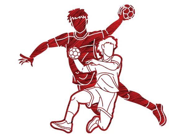 Grupa Piłka Ręczna Sport Mężczyzna Gracze Zespół Mix Action Cartoon — Wektor stockowy