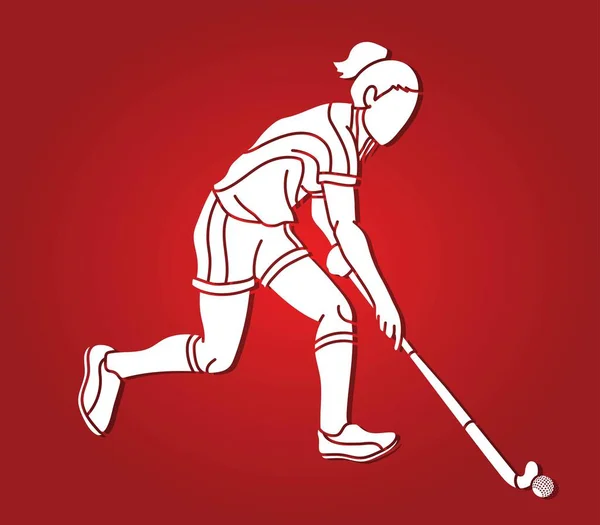Field Hockey Sport Female Player Action Cartoon Graphic Vector — Stock Vector