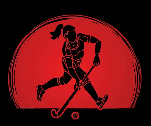 Feldhockey Sport Weibliche Spieler Action Cartoon Graphic Vector — Stockvektor