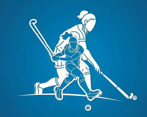 Grupo Campo Hockey Deporte Equipo Jugadoras Mezcla Acción Dibujos Animados — Vector de stock