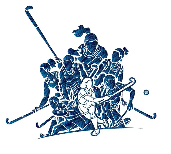 Group Field Hockey Sport Team Female Players Mix Action Cartoon — Stock Vector