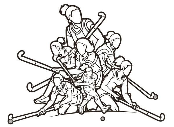 田径曲棍球运动队女运动员组合动作卡通图形矢量组 — 图库矢量图片