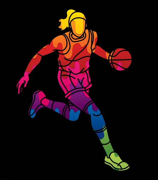Basketball Female Player Action Cartoon Sport Graphic Vector — Vector de stock