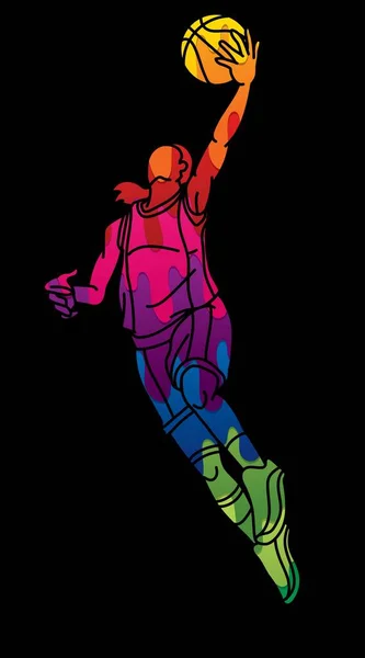 Pemain Bola Basket Perempuan Aksi Kartun Olahraga Vektor Grafis - Stok Vektor
