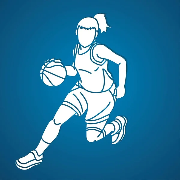 Basketbol Kadın Oyuncu Eylemi Çizgi Film Spor Grafik Vektörü — Stok Vektör