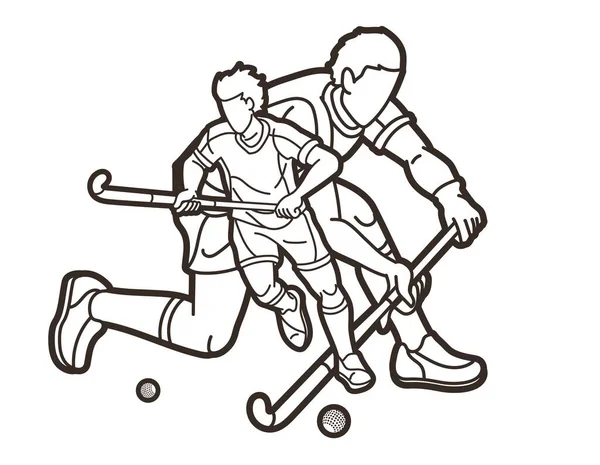 Field Hockey Sport Team Male Players Mix Action Cartoon Graphic — Stock Vector