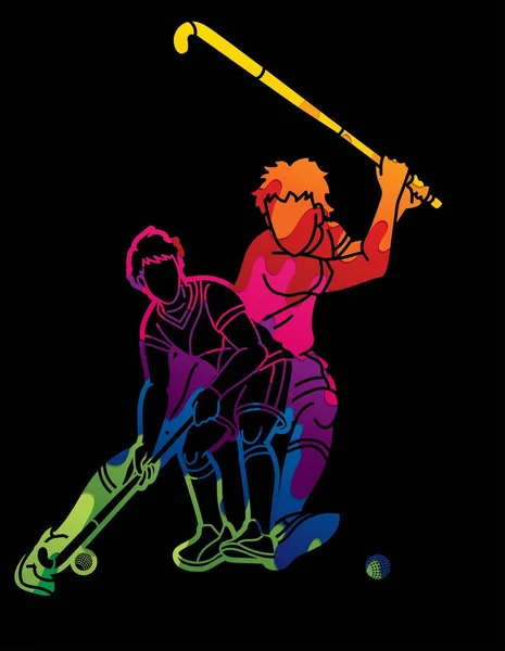 フィールドホッケースポーツチーム男性選手ミックスアクション漫画グラフィックベクトル — ストックベクタ