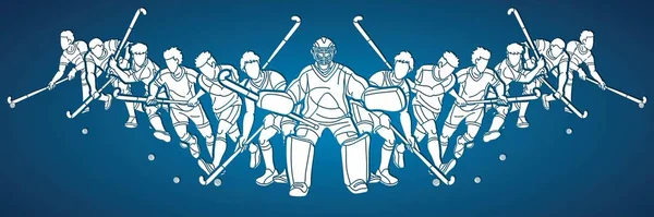 Hokej Trawie Zespół Sport Mężczyzna Gracze Mix Action Cartoon Graphic — Wektor stockowy