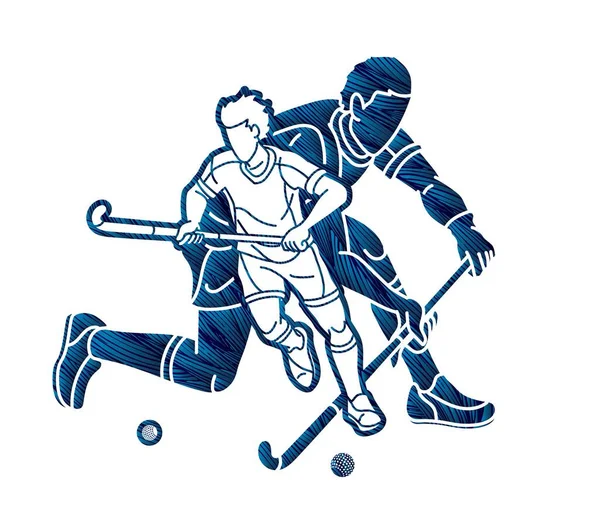 Campo Hockey Deporte Jugadores Masculinos Mezcla Acción Dibujos Animados Vector — Vector de stock
