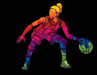 Basketbol Sporu Kadın Oyuncu Eylem Çizgi Filmi Grafik Vektörü