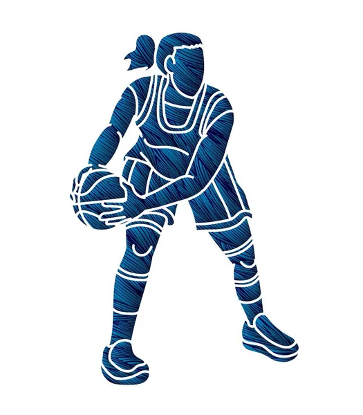 Baloncesto Deporte Jugador Femenino Acción Dibujos Animados Vector Gráfico — Vector de stock