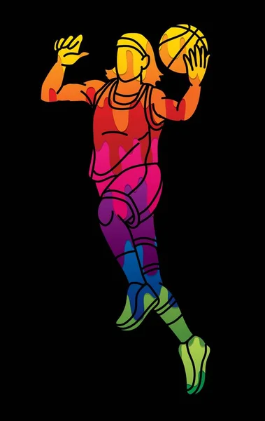 Basketball Sport Female Player Action Cartoon Graphic Vector - Stok Vektor