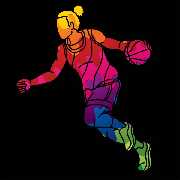 Basket Sport Kvinnlig Spelare Action Cartoon Grafisk Vektor — Stock vektor