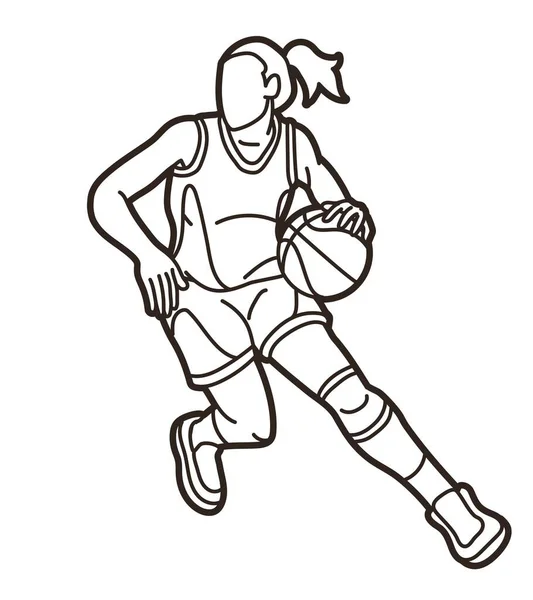 Basketbol Sporu Kadın Oyuncu Eylem Çizgi Filmi Grafik Vektörü — Stok Vektör