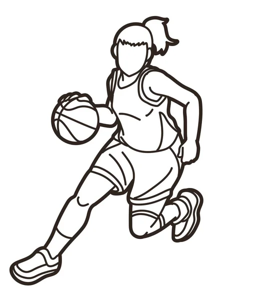 Basketbal Sport Žena Hráč Akční Karikatura Grafický Vektor — Stockový vektor