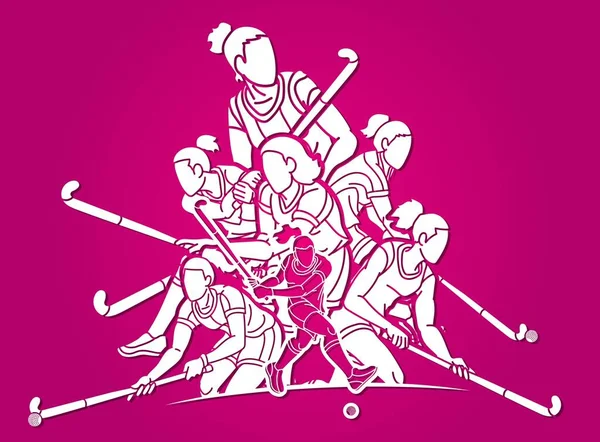 Group Field Hockey Sport Team Mix Action Female Players Cartoon — Stock Vector